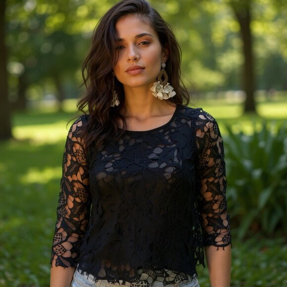 ZARA Black Crochet Lace Top M Shirt Blouse Goth Punk Sheer Rave 3/4 Sleeves - Picture 1 of 16